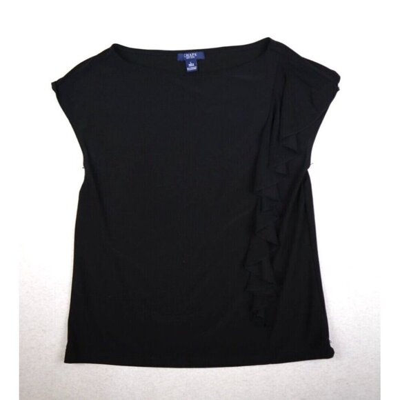 CHAPS - WOMEN'S BLACK STRETCH KNIT SHORT SLEEVE RUFFLE TOP - SIZE L - Picture 1 of 8